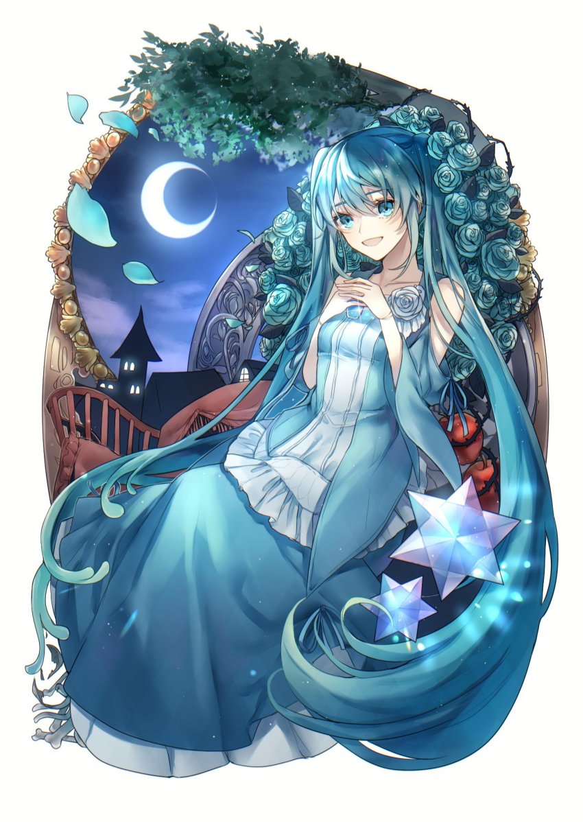 1girl, apple, aqua_dress, aqua_eyes, aqua_flower, aqua_hair, aqua_rose, aryuma772