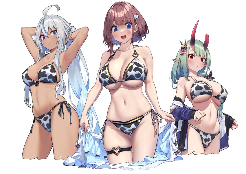 3girls, :o, absurdres, ahoge, akari_(baffu), animal_print, armpits, arms_behind_head, baffu, bare_hips, bare_shoulders, bikini, blue_eyes, blue_hair, blush, breasts, broken_horn, brown_hair, cleavage, closed_mouth, commentary_request, cow_print, cowboy_shot, curvy, dark-skinned_female, dark_skin, flower, gradient_hair, green_hair, hair_between_eyes, hair_flower, hair_ornament, heterochromia, highres, hitoyo_(baffu), horns, jacket, jacket_partially_removed, large_breasts, long_hair, long_sleeves, looking_at_viewer, medium_breasts, multicolored_hair, multiple_girls, nail_polish, navel, off_shoulder, oni, oni_horns, open_clothes, open_jacket, open_mouth, oppai_loli, original, paid_reward_available, partially_undressed, pointy_ears, print_bikini, purple_eyes, red_eyes, red_horns, side-tie_bikini_bottom, silver_hair, simple_background, skin_tight, skindentation, smile, standing, stomach, streaked_hair, swimsuit, thigh_strap, thighhighs, thighs, underboob, undressing, unworn_clothes, very_long_hair, white_background, wide_hips, yuuna_(baffu)