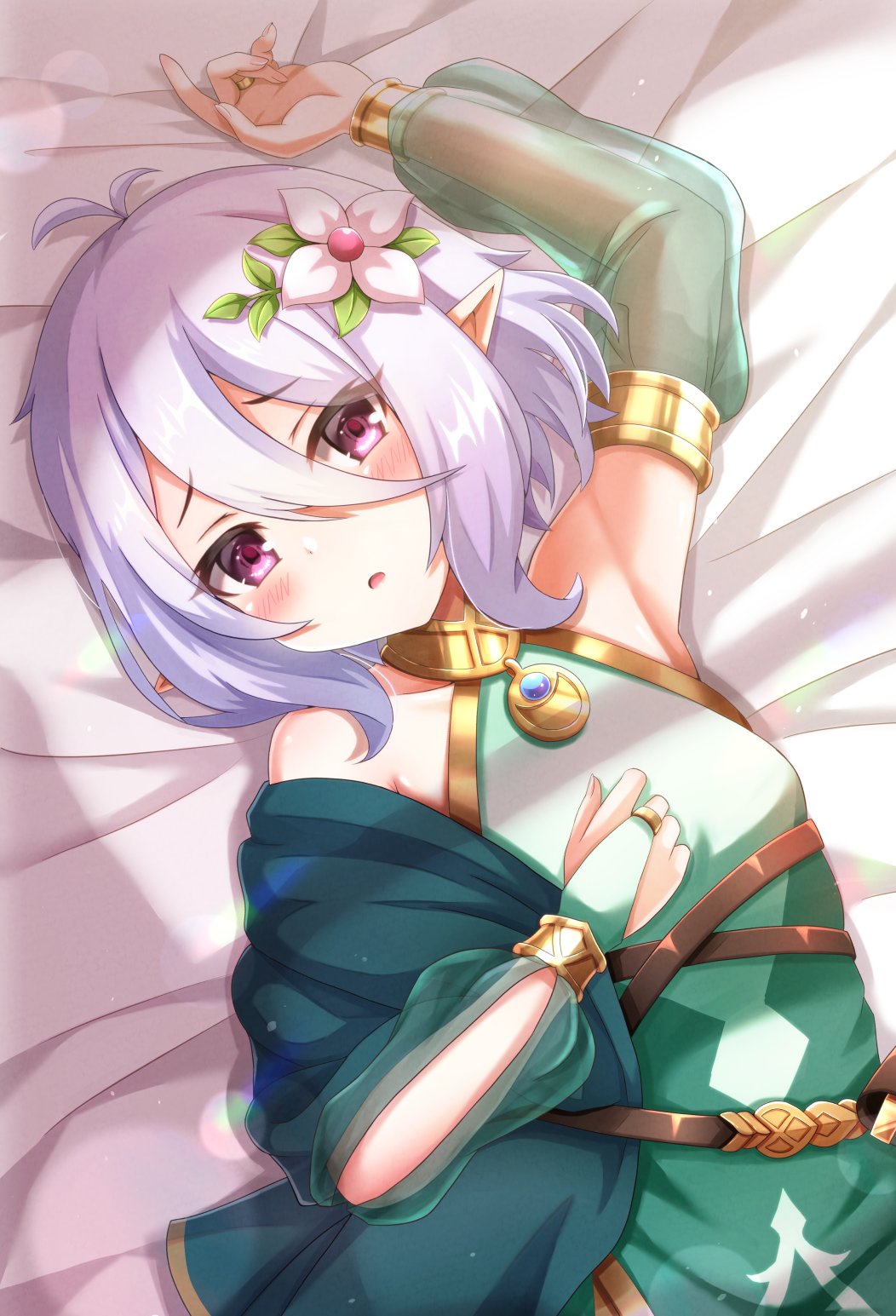 1girl, armpits, bare_shoulders, blush, dot_nose, elf, female_focus, flower