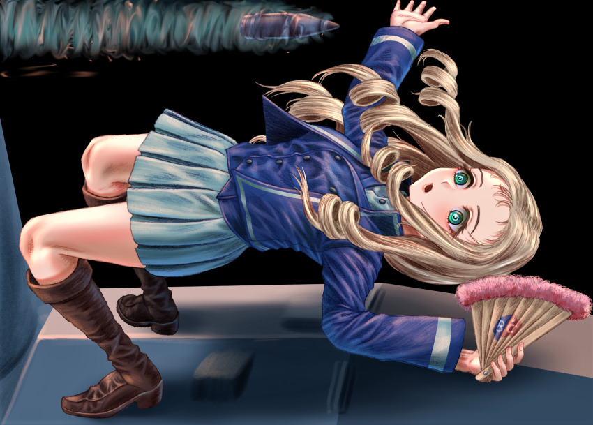 1girl, :o, ammunition, bc_freedom_(emblem), bc_freedom_military_uniform, black_background, black_boots, blonde_hair