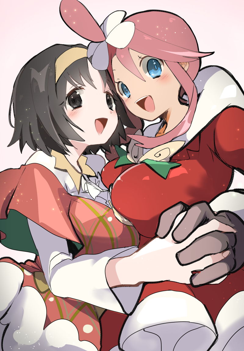 2girls, black_eyes, black_hair, blue_eyes, blush, breasts, chorimokki, christmas