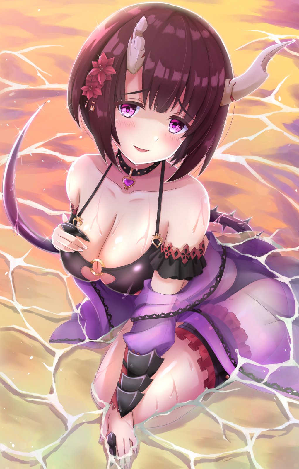 1girl, black_hair, breasts, demon_girl, demon_horns, demon_tail, eriko_(princess_connect!), highres