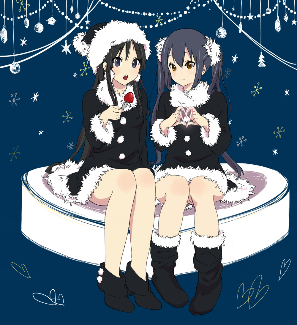 00s, 2girls, four-finger_heart_hands, akiyama_mio, black_hair, black_santa_costume, blue_eyes, boots