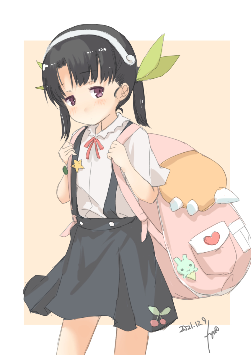 1girl, absurdres, backpack, bag, bakemonogatari, black_hair, black_skirt, commentary_request