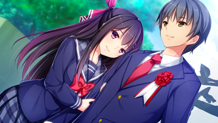 1boy, 1girl, akino_subaru, arm_grab, black_hair, blue_jacket, blurry, blurry_background
