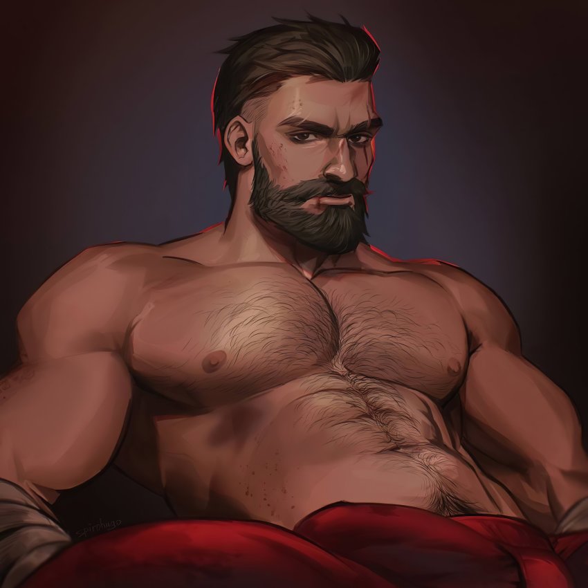 1boy, abs, absurdres, bara, brown_eyes, brown_hair, bulge, chest_hair, dark-skinned_male, dark_skin, david_king_(dead_by_daylight), dead_by_daylight, eyebrow_cut, facial_hair, hairy, highres, large_pectorals, looking_at_viewer, male_focus, mature_male, muscular, muscular_male, mustache, navel, nipples, pants, pectorals, red_pants, seupil_hyugo_(spirohugo), short_hair, solo, topless_male, upper_body