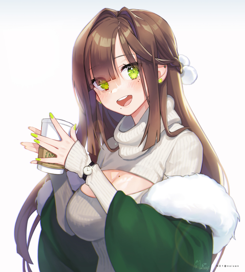1girl, :d, blush, braid, breasts, brown_hair, cleavage, cleavage_cutout, clock, clothing_cutout, coat, commentary_request, cup, disposable_cup, earrings, eyes_visible_through_hair, fur-trimmed_coat, fur_trim, green_coat, green_eyes, green_nails, hair_intakes, highres, holding, holding_cup, jewelry, large_breasts, long_hair, long_sleeves, looking_at_viewer, maven, mole, mole_on_breast, mole_under_eye, nail_polish, noixen, off_shoulder, open-chest_sweater, open_clothes, open_coat, open_mouth, original, ribbed_sweater, round_teeth, signature, simple_background, sleeves_past_wrists, smile, solo, sweater, teeth, turtleneck, turtleneck_sweater, upper_body, upper_teeth_only, watch, white_background, white_sweater, wristwatch
