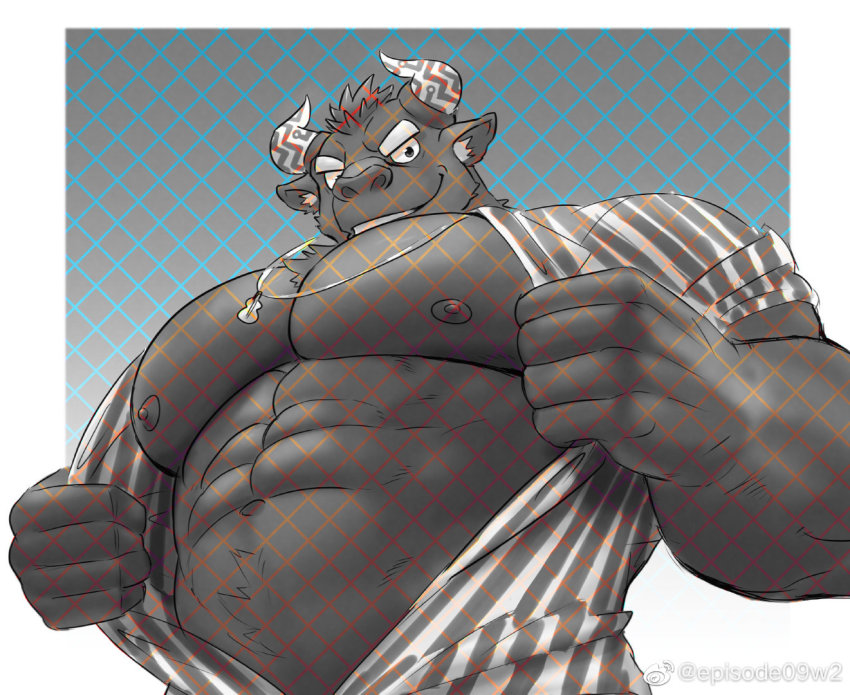 1boy, abs, animal_ears, bara, bare_pectorals, brown_fur, cow_ears, cow_horns
