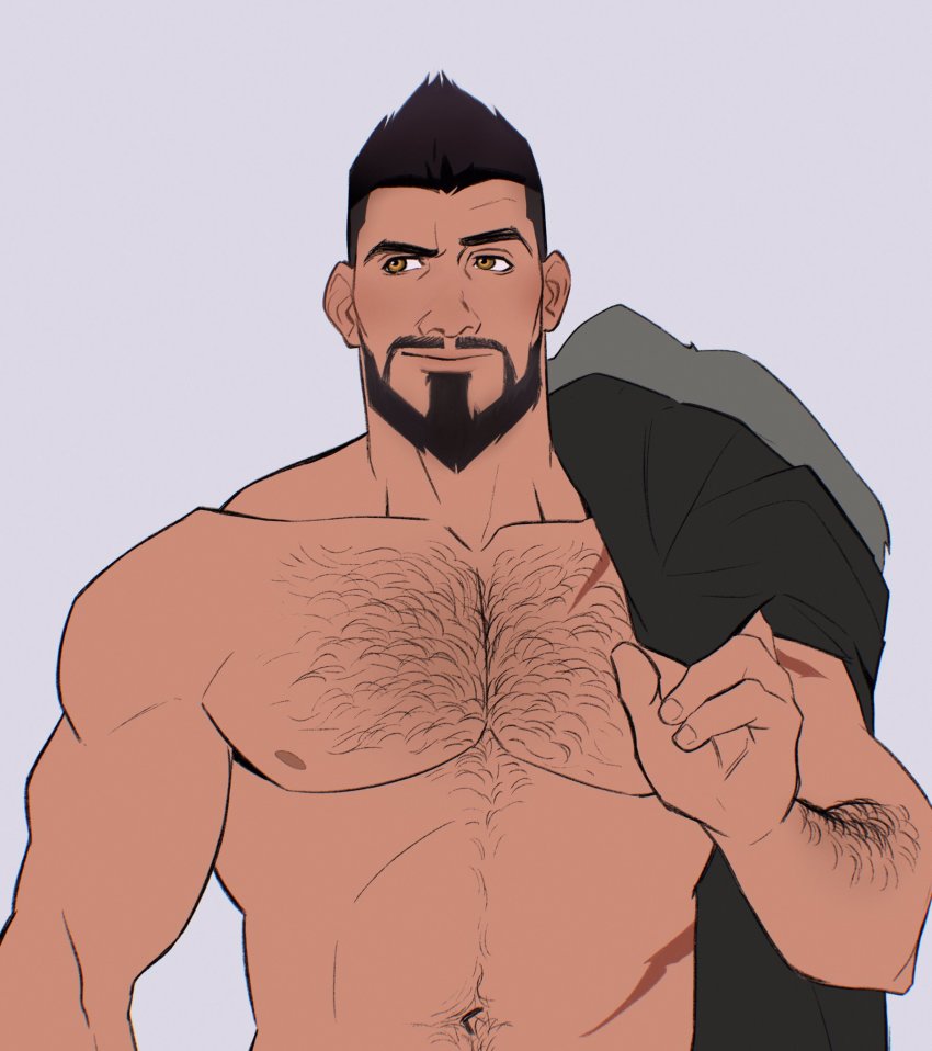 1boy, arm_hair, bara, beard, black_hair, brown_eyes, chest_hair, closed_mouth