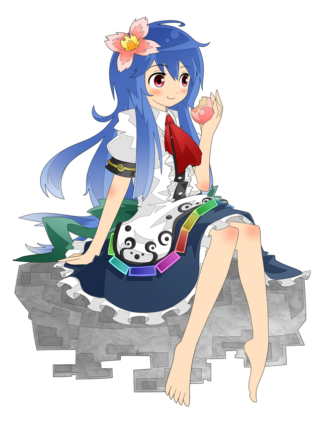 1girl, bad_id, bad_pixiv_id, barefoot, blue_hair, eating, feet, female_focus