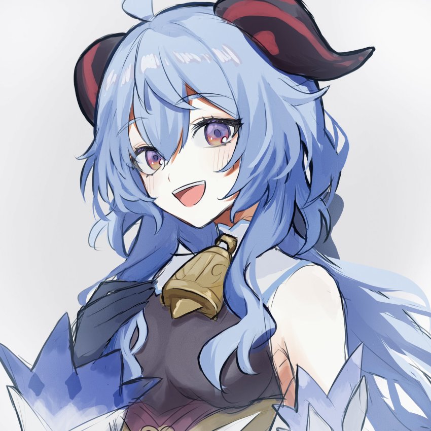 ahoge, akrngo_0708, bare_shoulders, bell, black_gloves, blue_hair, blush, bow, bowtie, breasts, detached_sleeves, ganyu_(genshin_impact), genshin_impact, gloves, hand_on_own_chest, highres, horns, long_hair, looking_at_viewer, medium_breasts, multicolored_eyes, neck_bell, sidelocks, simple_background, sketch, smile, solo, white_sleeves