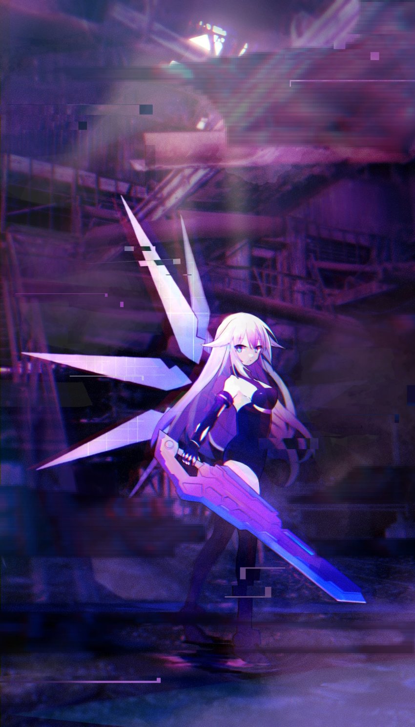 1girl, bare_shoulders, black_heart_(neptunia), bodysuit, boots, breasts, frown, gloves