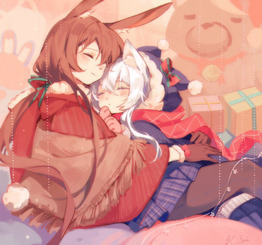 2girls, amiya_(arknights), animal_ears, arknights, blush, brown_hair, cat_ears, cat_girl, closed_eyes, closed_mouth, gloves, hug, long_hair, low_ponytail, multiple_girls, pantyhose, ponytail, rabbit_ears, rabbit_girl, red_scarf, rosmontis_(arknights), scarf, shawl, silver_hair, stuffed_animal, stuffed_toy, sui_(blackcatsui_yoi), yuri