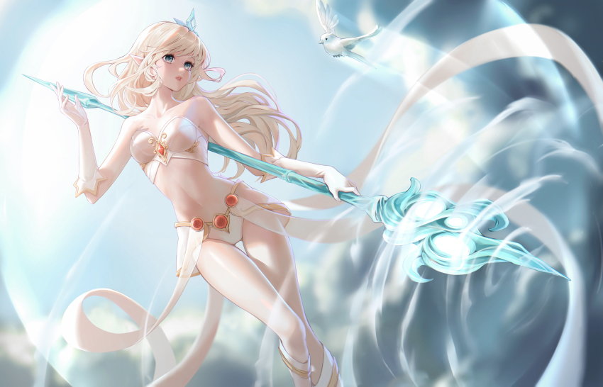 1girl, absurdres, bare_shoulders, bird, blonde_hair, blue_eyes, blurry, blurry_background, boots, breasts, cleavage, clothing_request, cloud, gloves, hand_up, highres, holding, janna_(league_of_legends), knee_boots, league_of_legends, long_hair, magic, medium_breasts, navel, outdoors, parted_lips, pointy_ears, qin_da_xing, skirt, solo, staff, stomach, tiara, white_bird, white_boots, white_gloves, wind