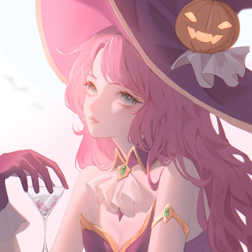 ascot, bare_shoulders, bewitching_nami, breasts, cleavage, closed_mouth, cocktail_glass, commentary_request