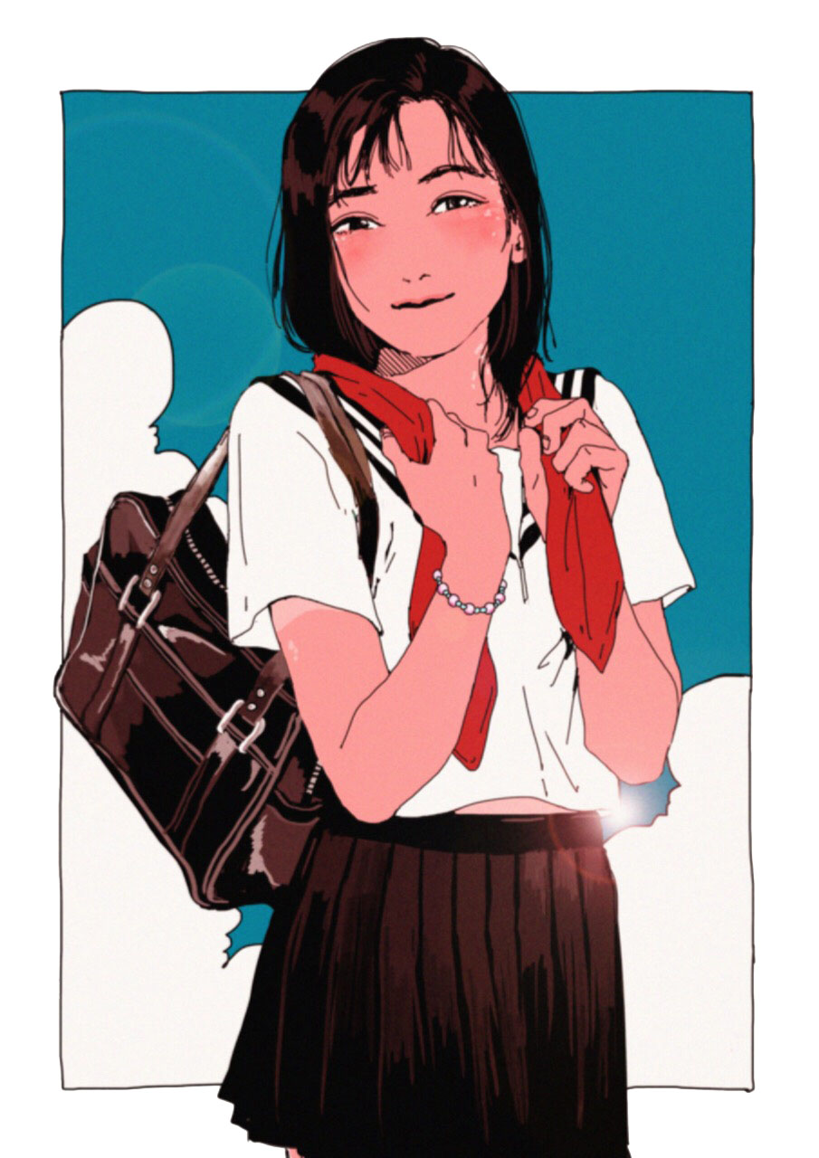 1girl, bag, black_hair, blush, border, bracelet, cloud, highres