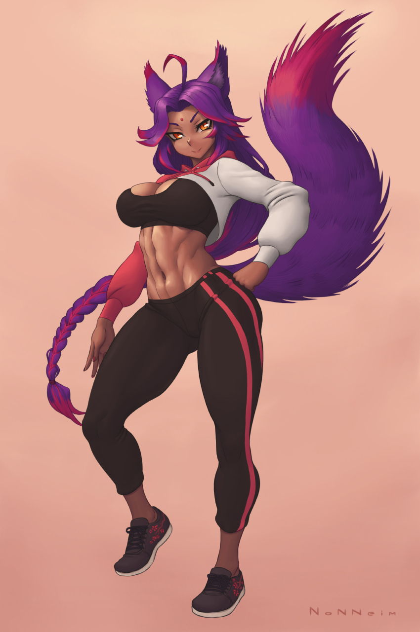 1girl, abs, ahoge, animal_ears, artist_name, braid, breasts, commentary