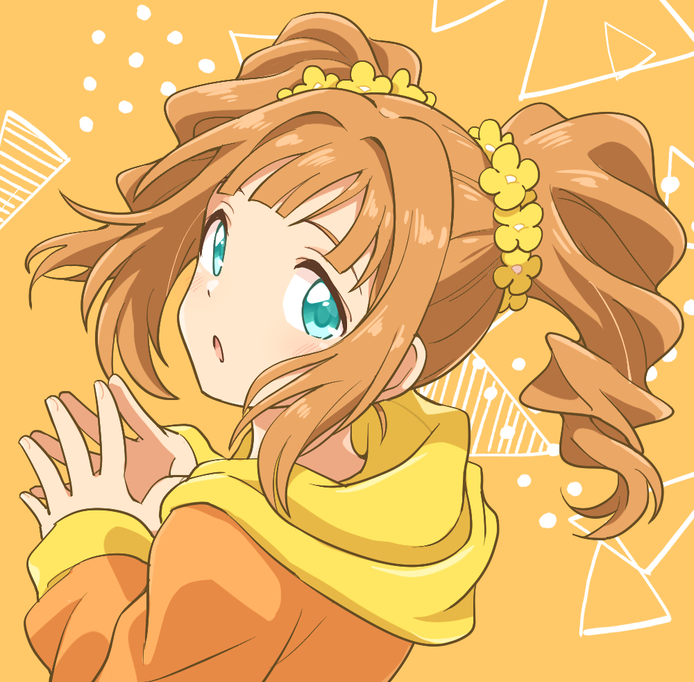 1girl, aopanda, blush, brown_hair, fingers_together, flower, green_eyes, hair_ornament