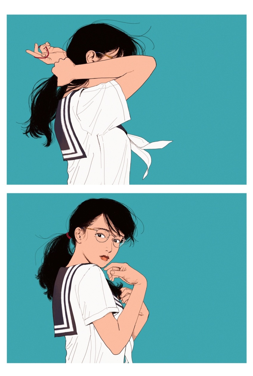 1girl, arms_up, black_eyes, black_hair, blue_background, from_side, glasses, hair_tie, highres, looking_afar, low_ponytail, neckerchief, original, ponytail, sailor_collar, school_uniform, sequential, solo, tying_hair, wind, wymaaa