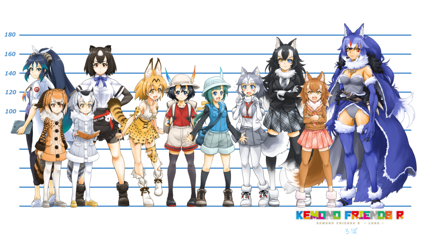 >:), 6+girls, :d, alternate_costume, animal_ears, animal_print, apron, arms_at_sides, backpack, bag, bear_ears, bird_tail, black_hair, blonde_hair, blue_eyes, blue_hair, book, bow, bowtie, brown_bear_(kemono_friends), brown_coat, brown_eyes, brown_hair, cape, chart, closed_mouth, coat, crossed_arms, dire_wolf_(kemono_friends), dog_(mixed_breed)_(kemono_friends), dog_ears, dog_girl, dog_tail, empty_eyes, eurasian_eagle_owl_(kemono_friends), extra_ears, facial_mark, flying_sweatdrops, full_body, fur_collar, gloves, green_eyes, green_hair, grey_coat, grey_hair, grey_wolf_(kemono_friends), hair_between_eyes, hair_ornament, hands_on_own_hips, hands_up, harness, hat_feather, height_chart, height_difference, helmet, heterochromia, high-waist_skirt, high_ponytail, highres, japanese_wolf_(kemono_friends), kaban_(kemono_friends), kako_(kemono_friends), kemono_friends, kemono_friends_2, kemono_friends_r, lab_coat, layered_sleeves, leotard, lineup, long_hair, long_sleeves, looking_at_another, looking_at_viewer, medium_hair, miniskirt, mugshot, multicolored_hair, multiple_girls, naka_(nicovideo14185763), necktie, northern_white-faced_owl_(kemono_friends), open_mouth, orange_hair, owl_ears, pants, pantyhose, paw_pose, pith_helmet, plaid_clothes, plaid_necktie, pleated_skirt, ponytail, print_bow, print_bowtie, print_gloves, print_skirt, red_hair, red_shirt, serval_(kemono_friends), shirt, shoes, short_over_long_sleeves, short_sleeves, shorts, shoulder_bag, skirt, smile, socks, standing, strapless, strapless_leotard, t-shirt, tail, thighhighs, tomoe_(kemono_friends)_(niconico88059799), torn_clothes, two-tone_hair, v-shaped_eyebrows, very_long_hair, vest, waist_apron, white_hair, wolf_ears, wolf_girl, wolf_tail, yellow_eyes, zettai_ryouiki