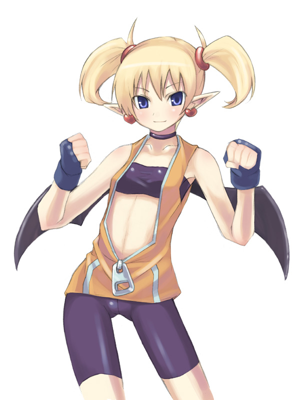 1girl, aq_interactive, arcana_heart, atlus, bandeau_bikini, bat_wings, bike_shorts, blonde_hair, blue_eyes, breasts, choker, clenched_hands, contrapposto, demon_girl, earrings, examu, female_focus, fingerless_gloves, flat_chest, gloves, hands_up, jewelry, latex, lilica_felchenerow, midriff, pointy_ears, small_breasts, solo, souzan_kurasuke, spandex, standing, twintails, wings, zipper