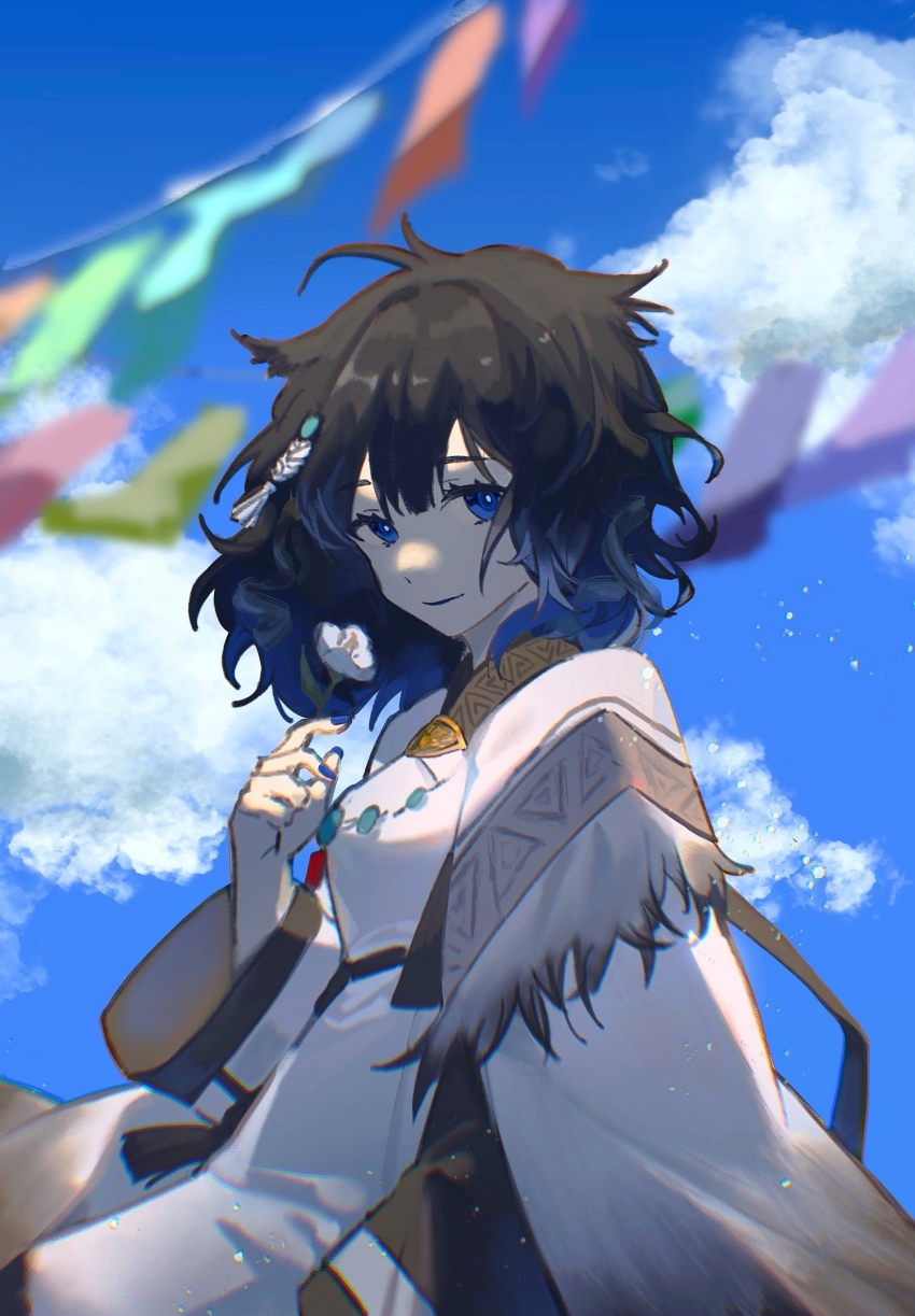 1girl, arknights, black_hair, blue_eyes, blue_hair, blue_nails, blue_sky, cape