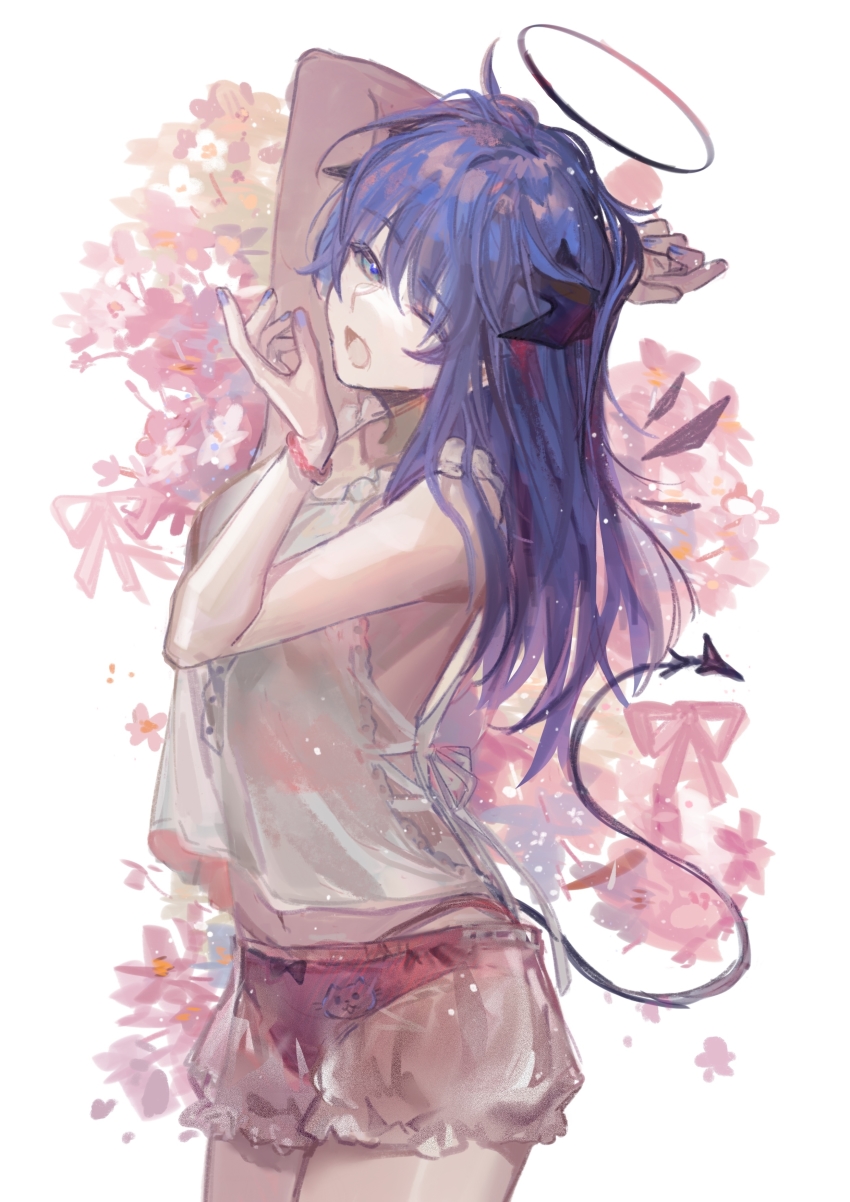 1girl, ;o, absurdres, arknights, arm_up, bare_shoulders, bloomers, blue_eyes, blue_hair, camisole, cowboy_shot, demon_girl, demon_horns, demon_tail, detached_wings, energy_wings, halo, head_tilt, highres, horns, liangban_xiexu, long_hair, looking_at_viewer, mostima_(arknights), nail_polish, navel, one_eye_closed, open_mouth, panties, panties_under_bloomers, pink_panties, purple_hair, purple_nails, see-through_clothes, sleeveless, solo, tail, underwear, wings, wristband, yawning