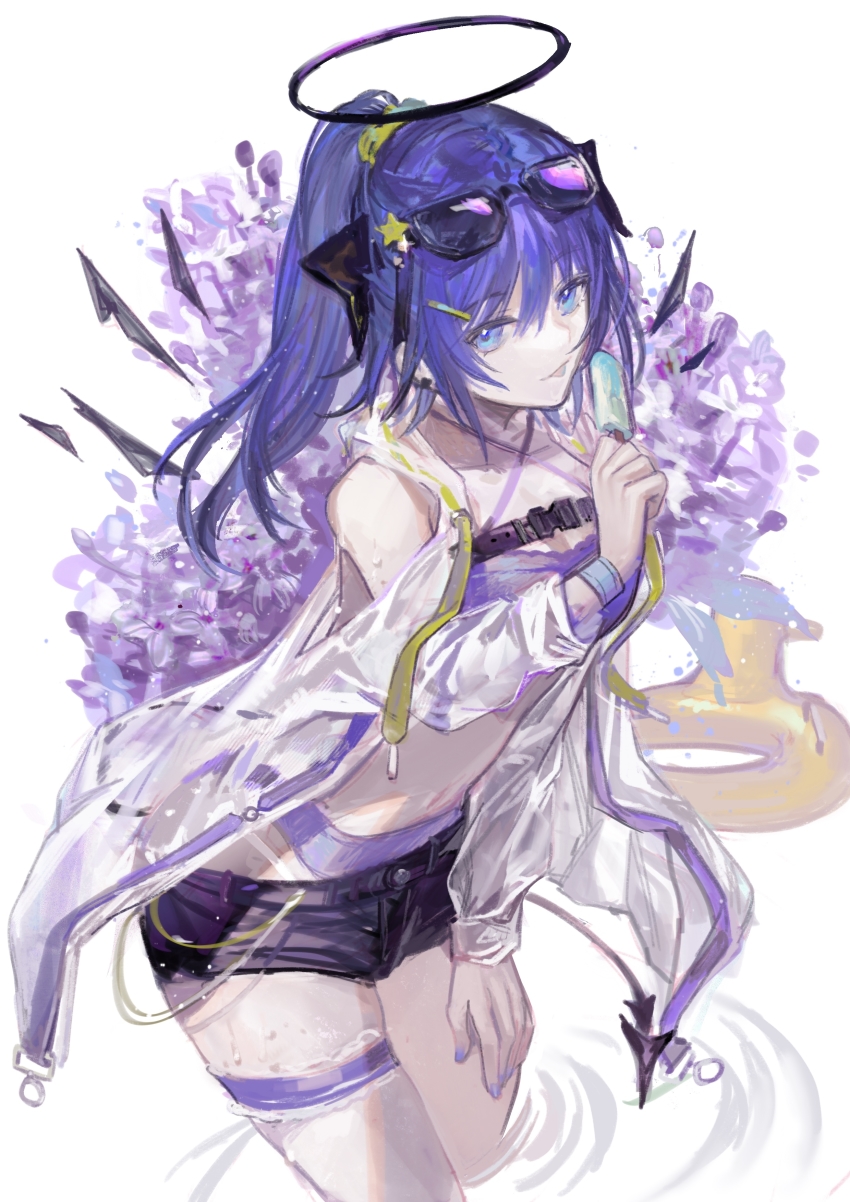 1girl, :p, absurdres, arknights, bare_shoulders, bikini, bikini_under_clothes, black_shorts