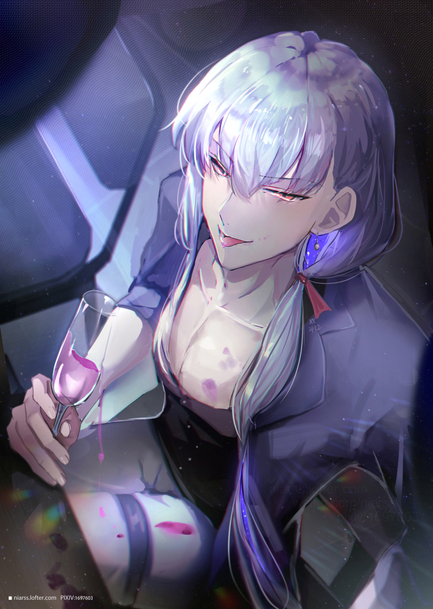 1boy, absurdres, black_shirt, blue_jacket, collarbone, cup, drinking_glass, earrings