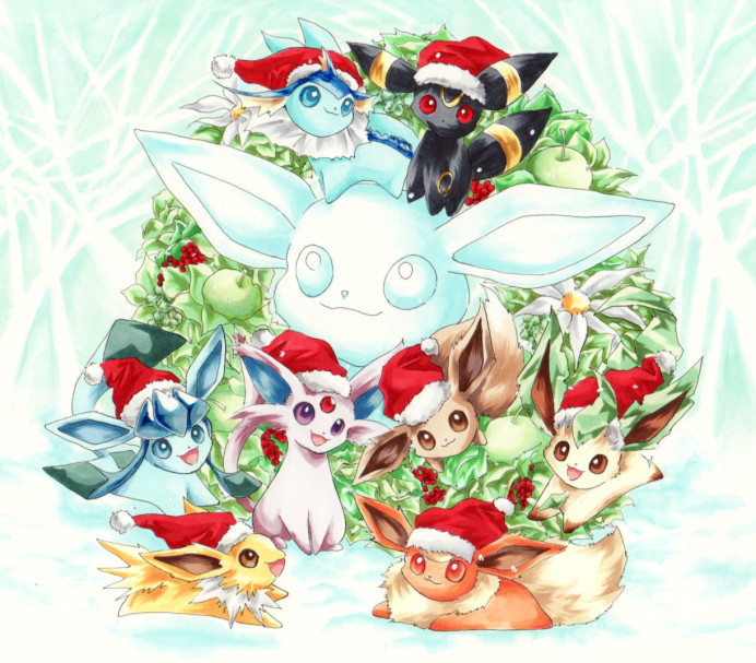 :3, bad_id, bad_pixiv_id, chibi, christmas, clothed_pokemon, eevee, espeon, everyone, evolutionary_line, flareon, gen_1_pokemon, gen_2_pokemon, gen_4_pokemon, glaceon, jolteon, leafeon, nintendo, no_humans, open_mouth, pokemon, pokemon_(creature), ryuukyou, smile, umbreon, vaporeon