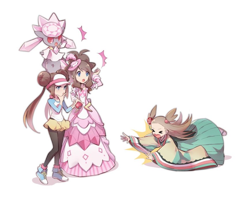 >_<, 3girls, :o, ^^^, black_legwear, blue_eyes, bow, brown_hair, commentary_request, diancie, donut_hair_bun, double_bun, dress, eyelashes, fallen_down, gen_6_pokemon, hair_bun, hand_on_own_chin, hat, hilda_(pokemon), hilda_(special_costume)_(pokemon), holding, holding_poke_ball, huan_li, japanese_clothes, jasmine_(pokemon), jasmine_(special_costume)_(pokemon), kimono, legendary_pokemon, multiple_girls, mythical_pokemon, nintendo, official_alternate_costume, open_mouth, pantyhose, pantyhose_under_shorts, pink_bow, pink_dress, pink_headwear, poke_ball, poke_ball_(basic), pokemon, pokemon_(creature), pokemon_black_2_and_white_2, pokemon_masters_ex, raglan_sleeves, rosa_(pokemon), sandals, shoes, short_shorts, shorts, sneakers, standing, stroking_own_chin, tongue, twintails, visor_cap, white_background, yellow_shorts