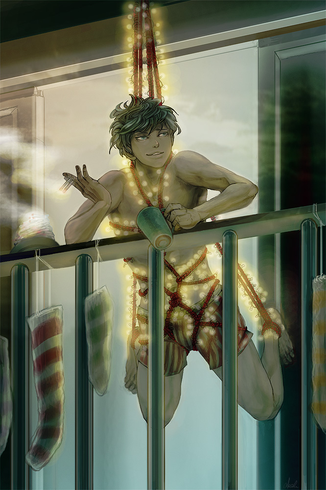 1boy, akashiba, ashtray, bad_id, bad_pixiv_id, balcony, bdsm, bondage, bound, boxers, christmas, christmas_stocking, cigarette, cup, green_eyes, green_hair, lights, male_focus, male_underwear, matching_hair/eyes, original, shibari, smile, smoke, smoking, solo, suspension, underwear