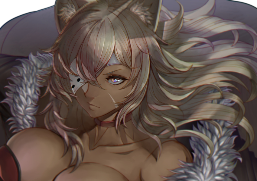 1girl, animal_ear_fluff, bare_shoulders, breasts, choker, cleavage, dark-skinned_female, dark_skin, eyepatch, facial_scar, fur_collar, ghislaine_dedoldia, highres, large_breasts, long_hair, muscular, muscular_female, mushoku_tensei, one-eyed, red_choker, scar, scar_on_cheek, scar_on_face, shimashima_(simasima_23)