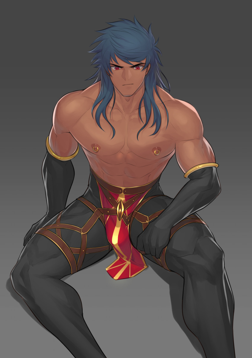 1boy, abs, absurdres, bara, bare_shoulders, blue_hair, bulge, commentary_request