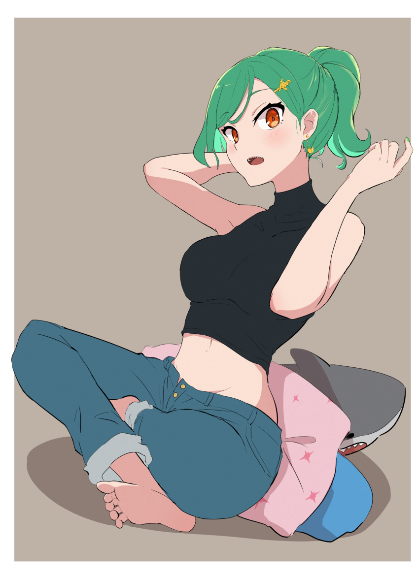 1girl, absurdres, alternate_hairstyle, bare_shoulders, barefoot, black_shirt, blue_pants, breasts