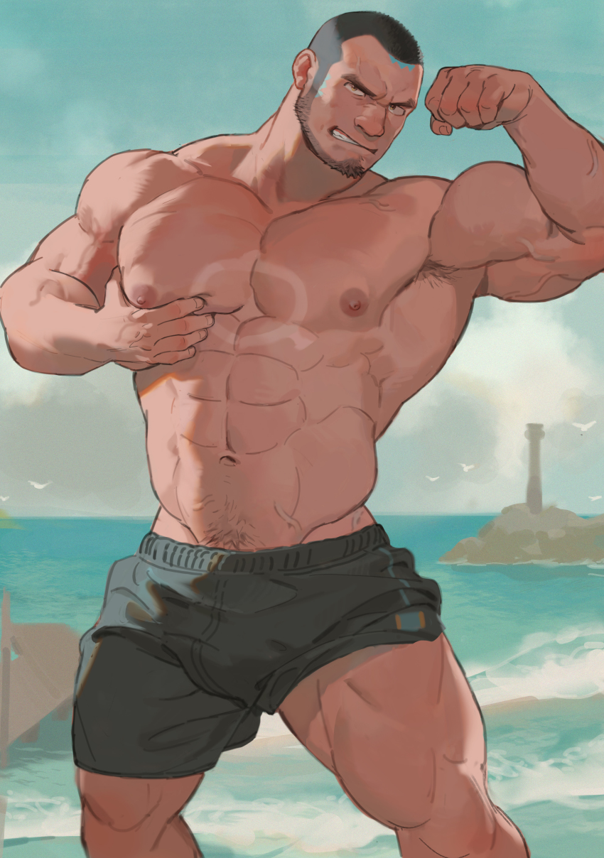 1boy, abs, absurdres, armpits, atcesolcyc, bara, beard, biceps