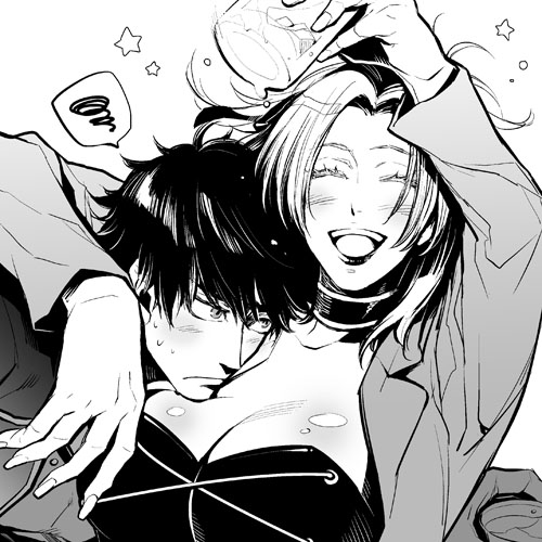 1boy, 1girl, annoyed, arm_around_shoulder, breasts, celebration, choker, cleavage