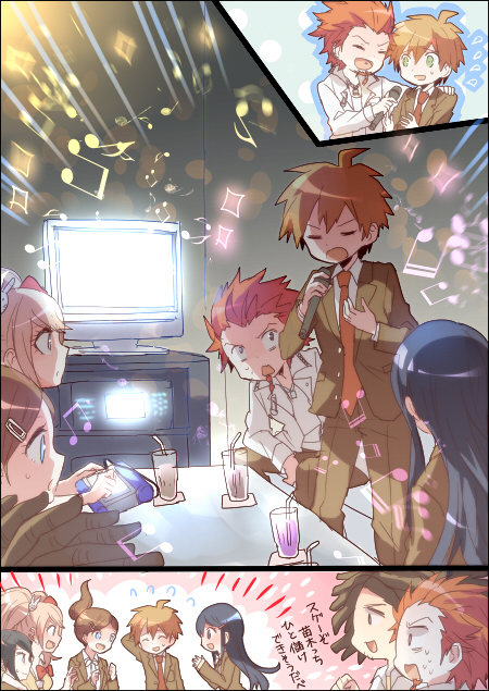 3boys, 4girls, ahoge, asahina_aoi, black_hair, blue_hair, brown_coat, brown_hair, coat, danganronpa:_trigger_happy_havoc, danganronpa_(series), enoshima_junko, facial_hair, glass, goatee, hagakure_yasuhiro, hope's_peak_academy_school_uniform, ikusaba_mukuro, karaoke, kuwata_leon, maizono_sayaka, microphone, moyuchocolats, multiple_boys, multiple_girls, music, naegi_makoto, necktie, pink_hair, red_hair, school_uniform, singing, television, translation_request, twintails