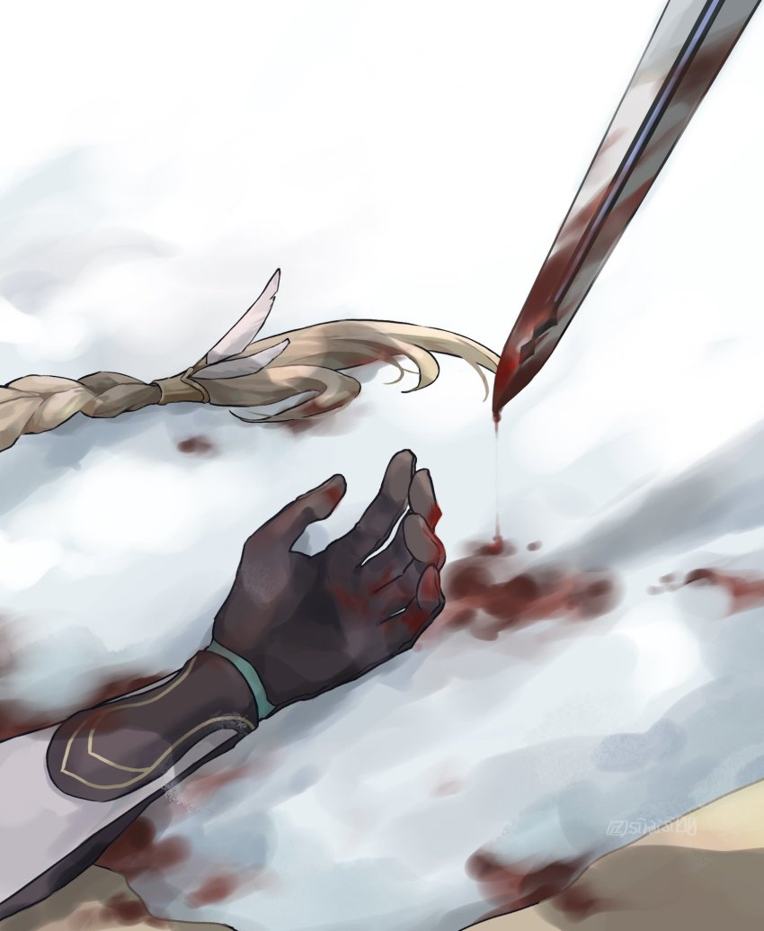 1boy, aether_(genshin_impact), black_gloves, blonde_hair, blood, blood_on_ground, bloody_weapon, braid