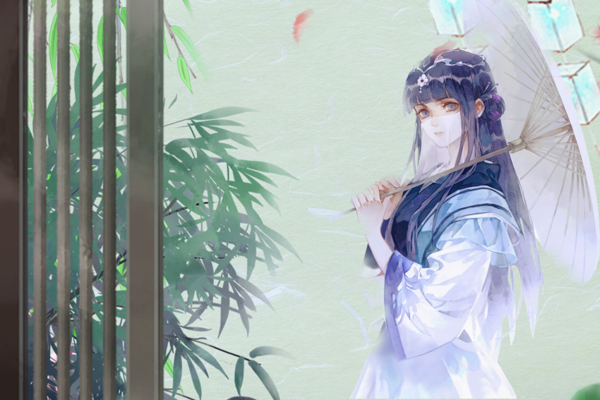 1girl, asymmetrical_sleeves, chinese_clothes, dress, hair_ornament, highres, long_hair, long_sleeves, mu_qing, purple_eyes, purple_hair, qinshi_mingyue, shao_siming_(qin_shi_ming_yue), two-tone_dress, veil, watermark, weibo_watermark, white_veil