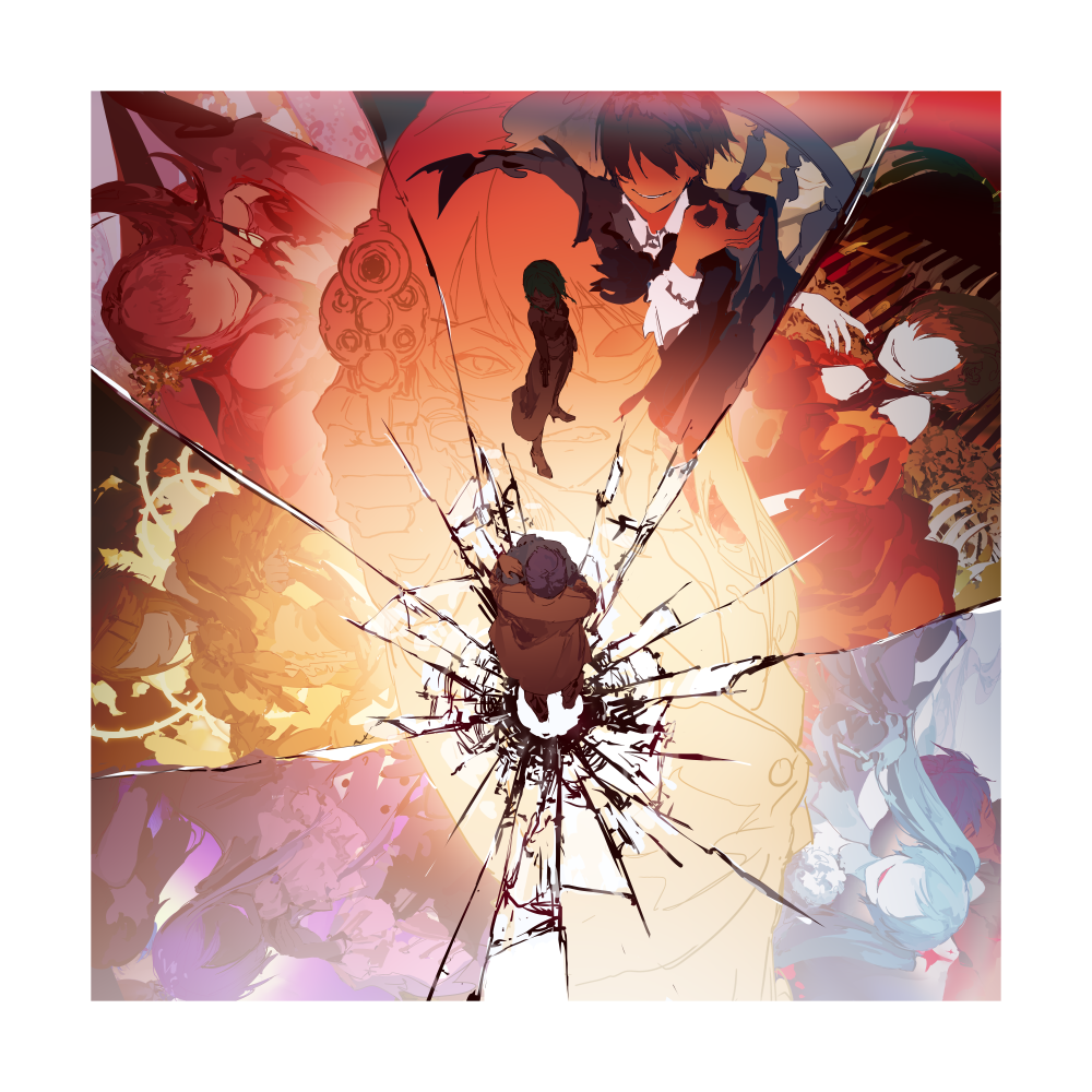 akujiki_musume_conchita_(vocaloid), broken, broken_glass, bullet_hole, domino_mask, enbizaka_no_shitateya_(vocaloid), evillious_nendaiki, eye_mask