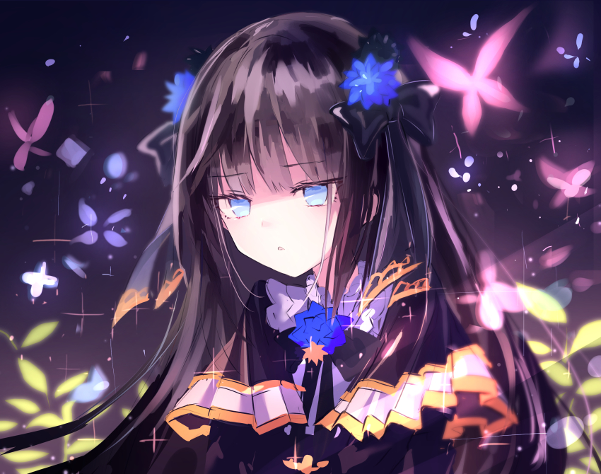 1girl, arcaea, black_bow, black_hair, blue_eyes, blue_flower, bow, closed_mouth