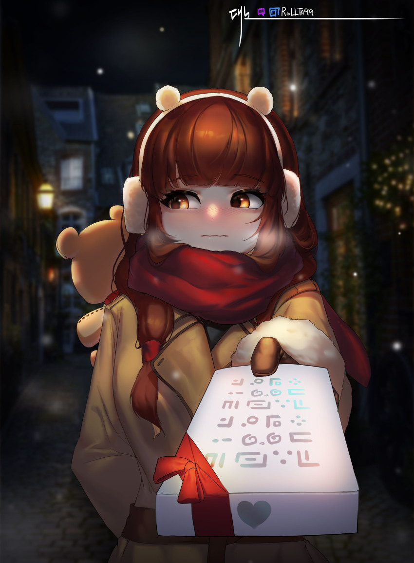 1girl, absurdres, arm_behind_back, blunt_bangs, blurry, blurry_background, blush, brown_eyes