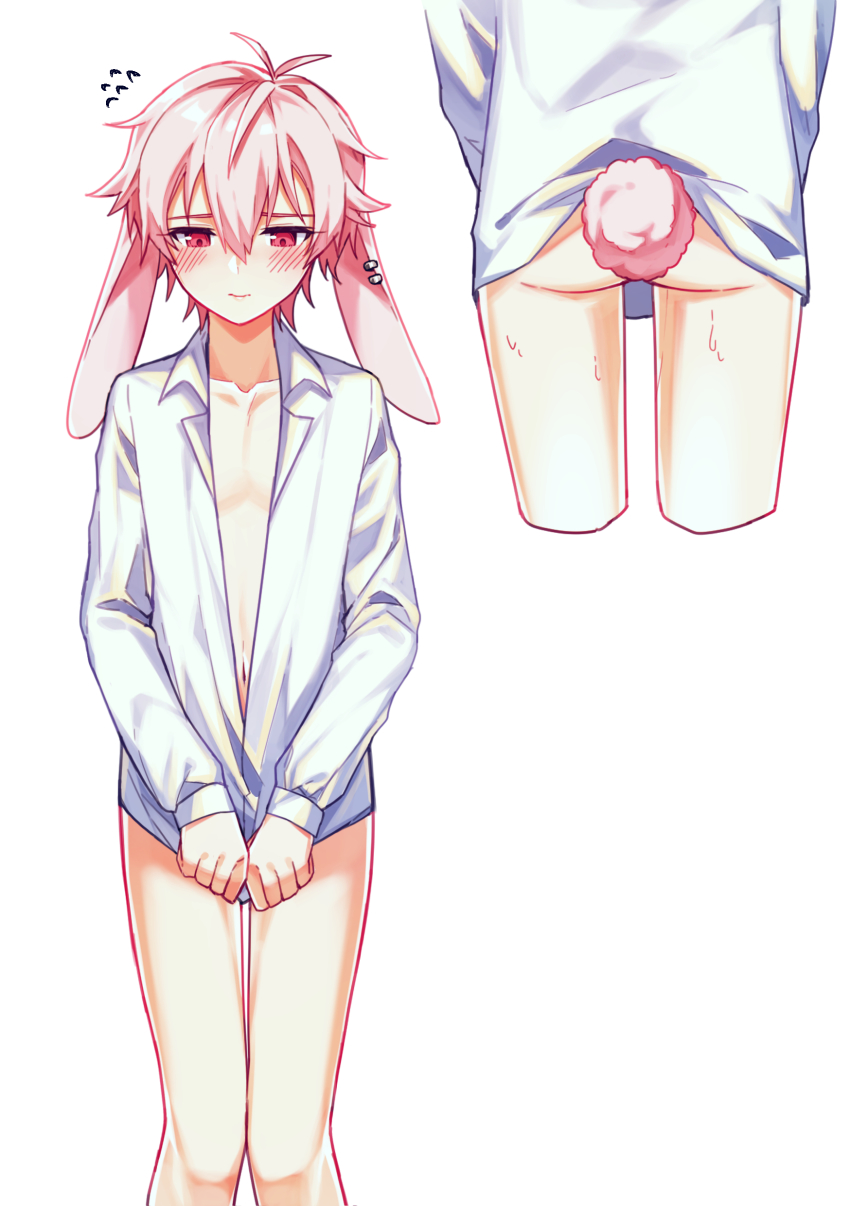 1boy, absurdres, animal_ears, ansel_(arknights), arknights, ass, commentary_request, highres, hwaen, muscular, pink_hair, rabbit_ears, red_eyes, shirt, white_shirt, yaoi