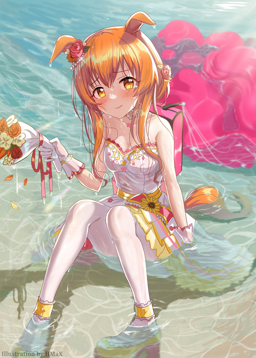 1girl, absurdres, animal_ears, beach, blush, bouquet, bride, dress