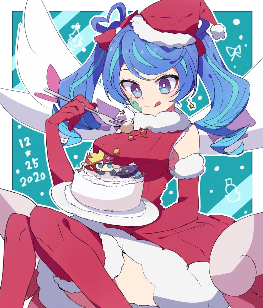 1girl, :q, alternate_costume, aqua_hair, blue_angel_(yu-gi-oh!), blue_eyes, blue_hair, bright_pupils, cake, christmas, closed_mouth, commentary, dated, dress, earrings, elbow_gloves, facial_mark, food, fork, fujiki_yusaku, fur-trimmed_dress, fur-trimmed_legwear, fur_collar, fur_trim, gloves, hair_ribbon, hat, heart, heart-shaped_hair, highres, holding, holding_fork, holding_plate, jewelry, multicolored_hair, nanashiba_(banntlla), outline, outside_border, plate, playmaker_(yu-gi-oh!), red_dress, red_gloves, red_hat, red_ribbon, red_thighhighs, ribbon, santa_costume, santa_dress, santa_gloves, santa_hat, sitting, sleeveless, sleeveless_dress, smile, solo, star_(symbol), star_earrings, streaked_hair, swept_bangs, thighhighs, tongue, tongue_out, twintails, white_outline, white_pupils, wings, yu-gi-oh!, yu-gi-oh!_vrains, zaizen_aoi