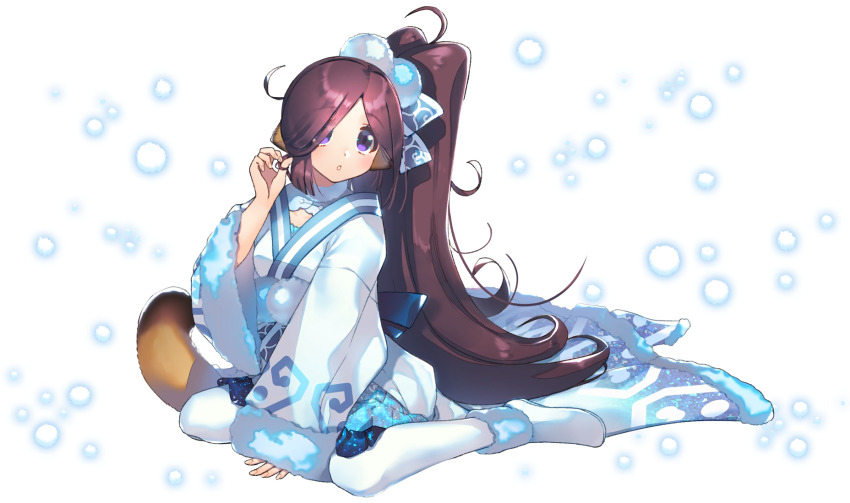 1girl, absurdly_long_hair, ainu_clothes, amazuyu_tatsuki, animal_ears, aquaplus, arm_up, blush