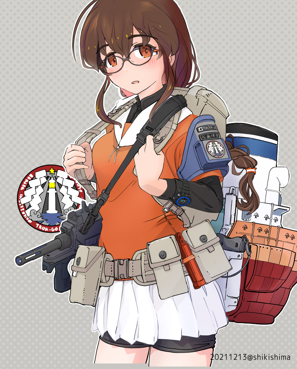 1girl, adapted_turret, backpack, badge, bag, belt, bespectacled, bike_shorts