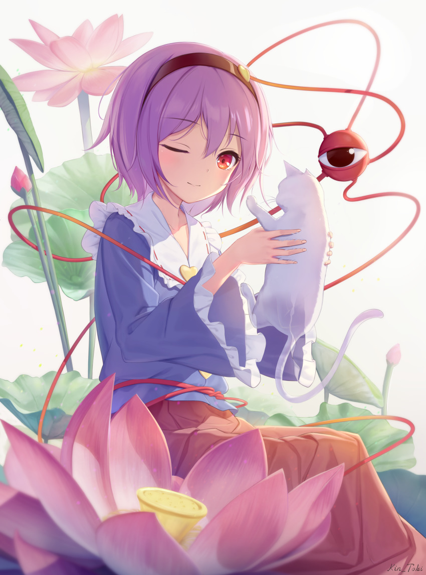 1girl, absurdres, animal, artist_name, black_hairband, bloom, blue_skirt, cat