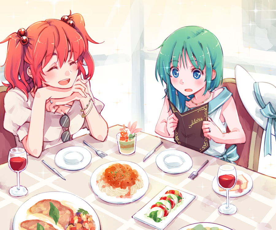 2girls, alcohol, alternate_costume, asymmetrical_hair, blue_eyes, blue_pants, blue_ribbon, blue_sky